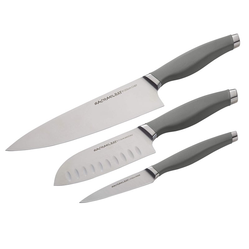 Rachael Ray Cutlery Japanese Stainless Steel Knives Set with Sheaths, 8-Inch Chef Knife, 5-Inch Santoku Knife, and 3.5-Inch Paring Knife, Gray - Image 1